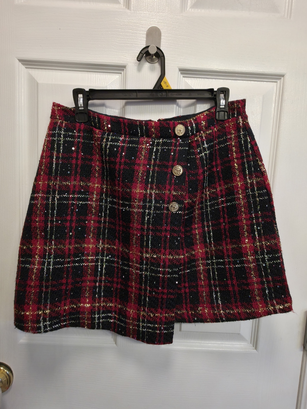 Plaid Tweed Mini Skirt with Button Front - Red/Black